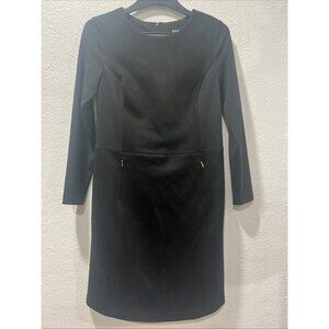 DKNY Black Faux Suede Fitted Dress Size 10 Zipper Front Pocket Long Sleeves